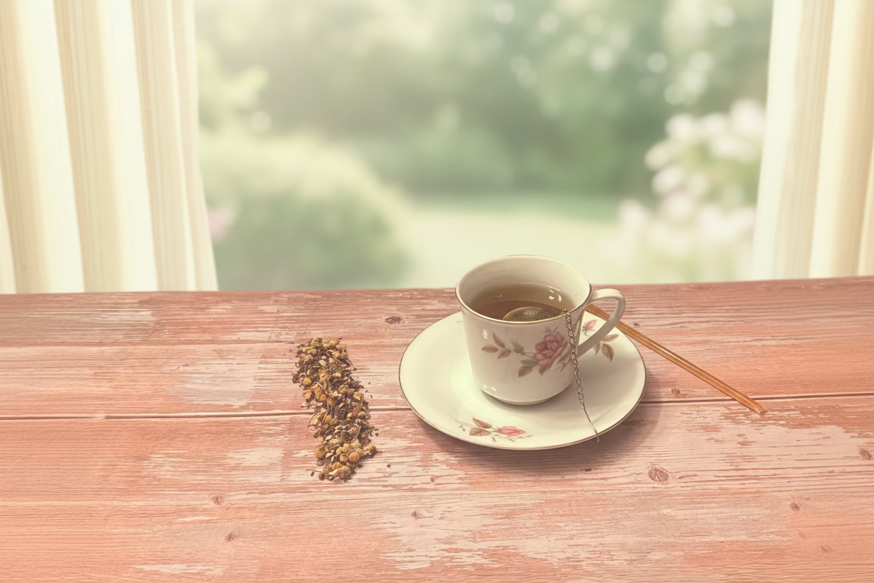 Teacup with floral design on a wooden table next to dried herbs