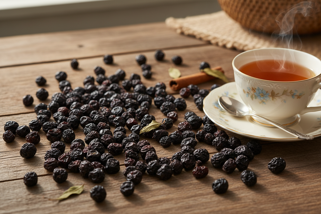 Generate a picture of organic dried elderberries on the table with teacup